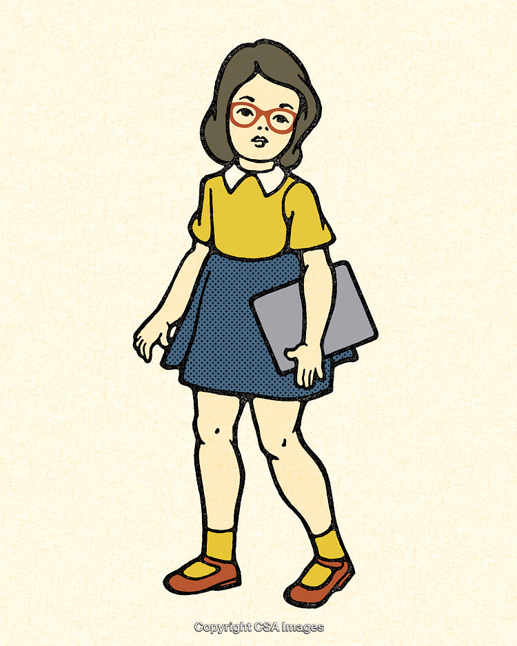 Cartoon Illustration of a Girl in Glasses Holding a Tablet Computer