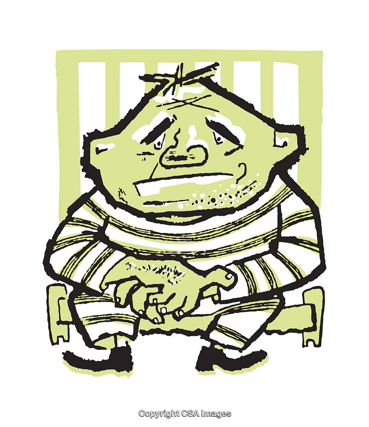 Cartoon Illustration of a Sad Prisoner Sitting in Striped Clothing