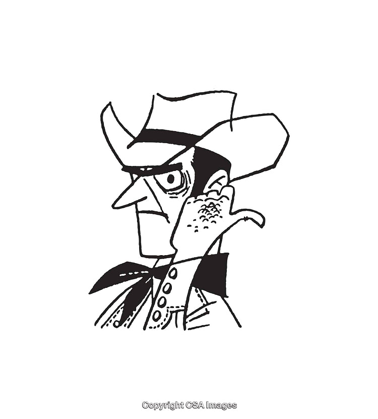 Black and White Line Art of a Cowboy Character Illustration