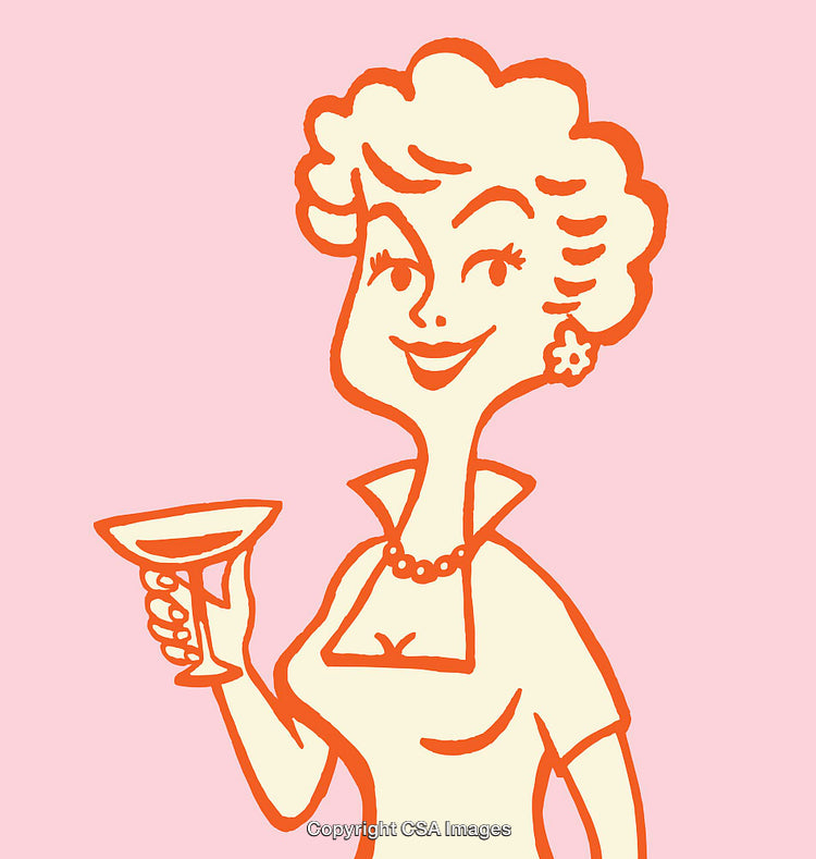 Retro Style Woman Holding Cocktail Glass in Pastel Pink Illustration