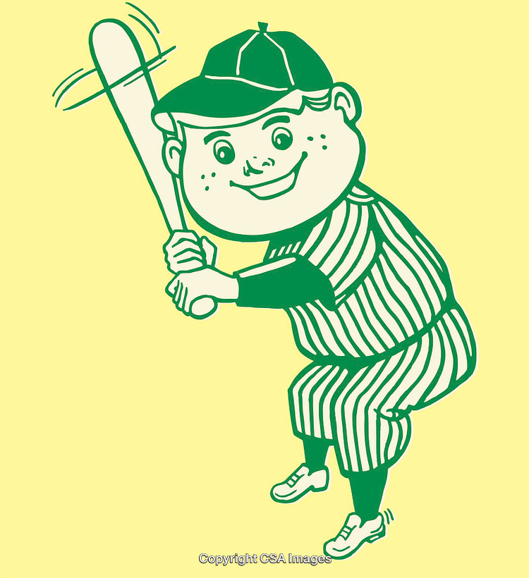 Vintage Illustration of a Boy Swinging a Baseball Bat in Cool Striped Uniform