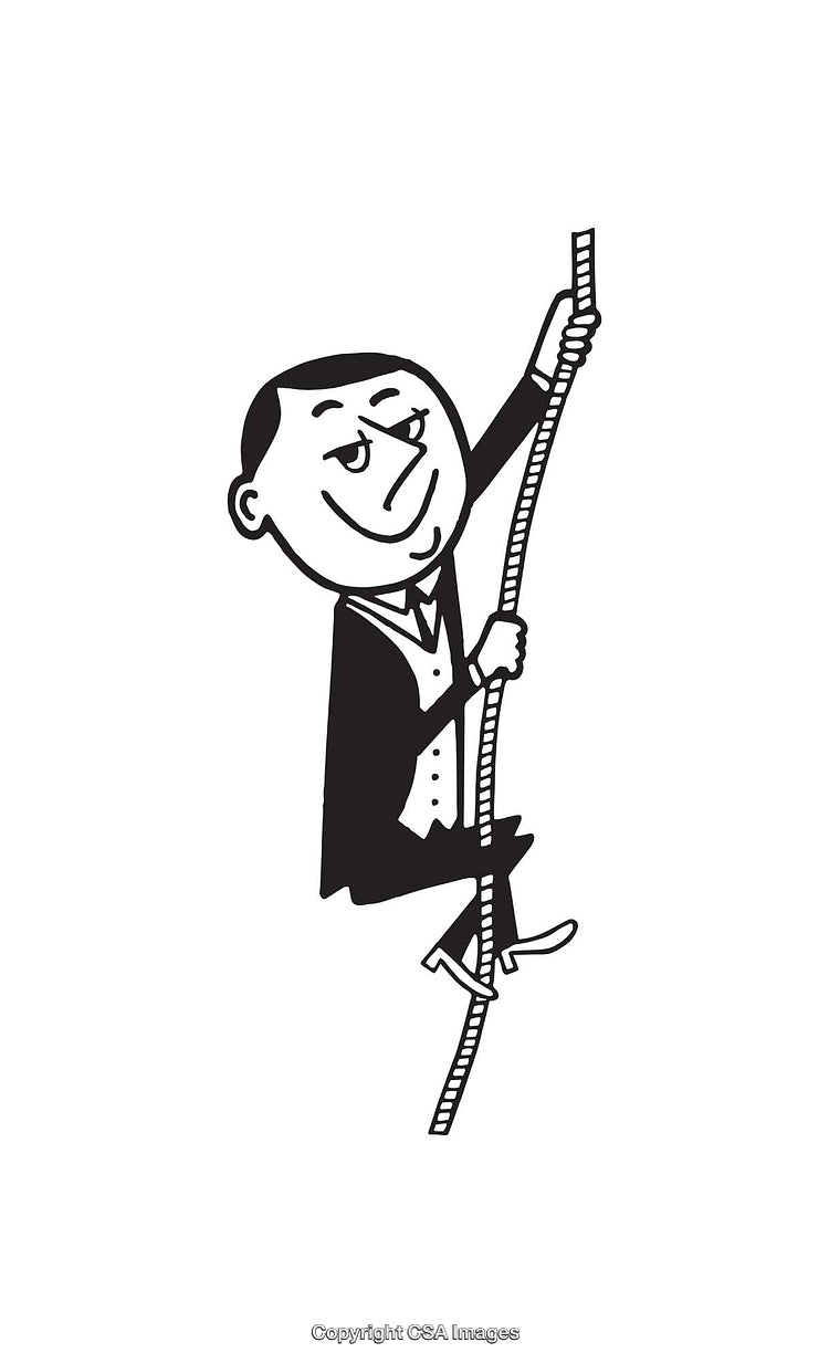 Illustration of a Man Climbing a Rope in Black-and-White Style