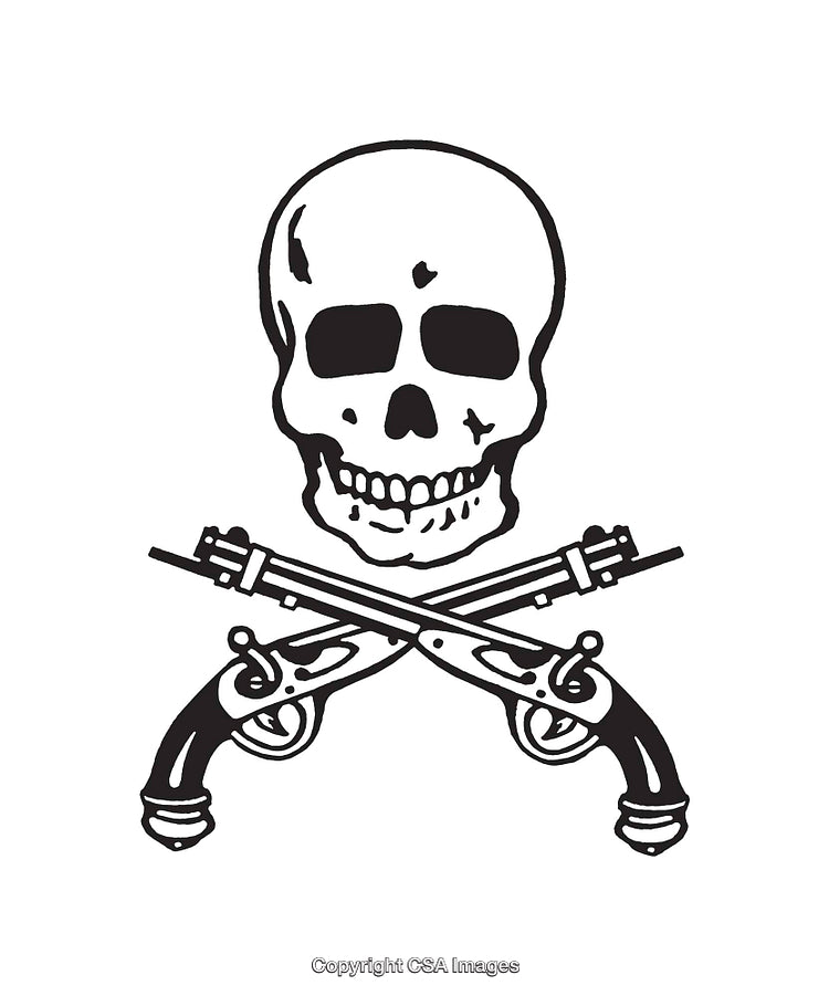 Skull and Crossed Pistols Black and White Line Art Illustration