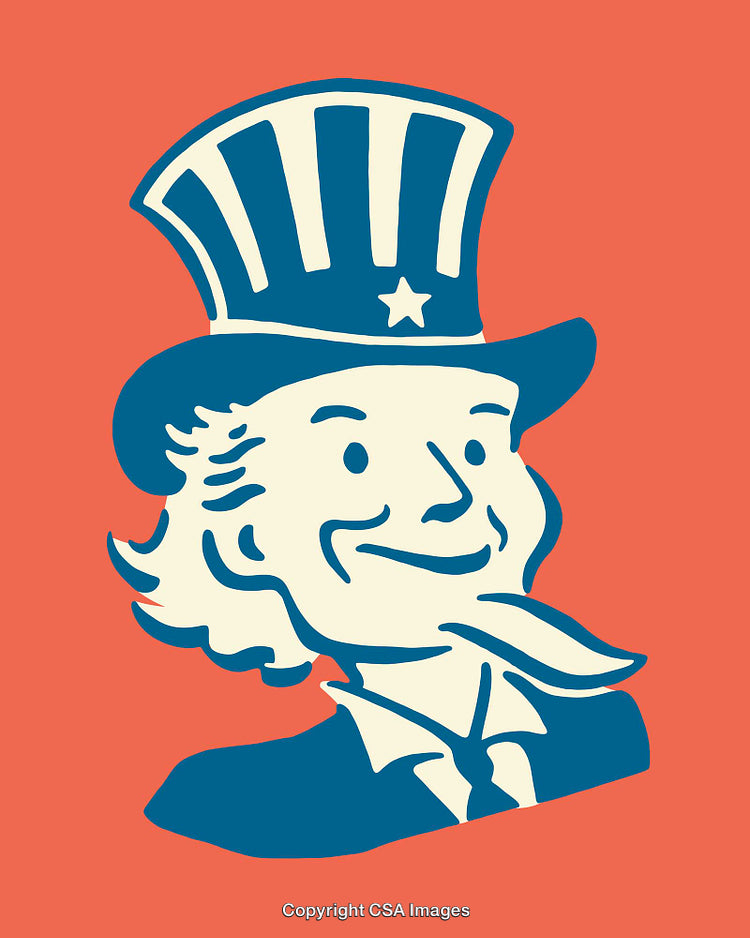 Illustration of Smiling Character in Patriotic Hat and Tie on Orange Background