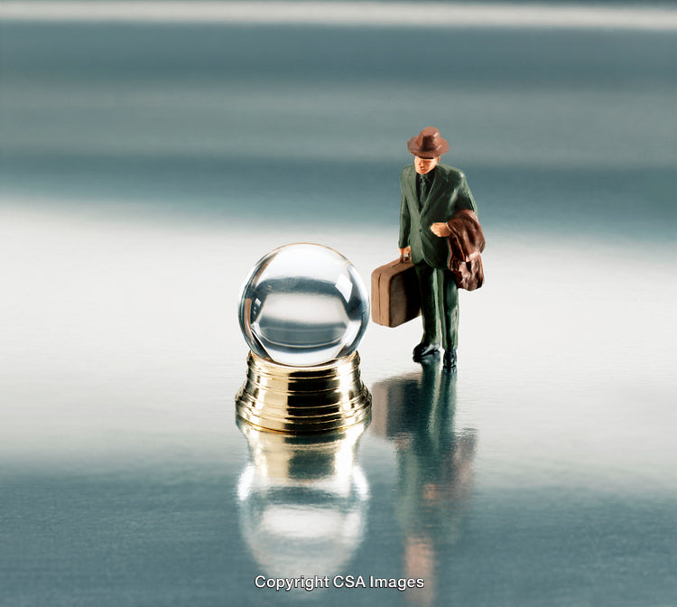 Miniature Man Examining a Glass Sphere on Reflective Surface