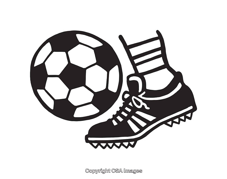 Black and White Illustration of Soccer Ball and Cleat During Play
