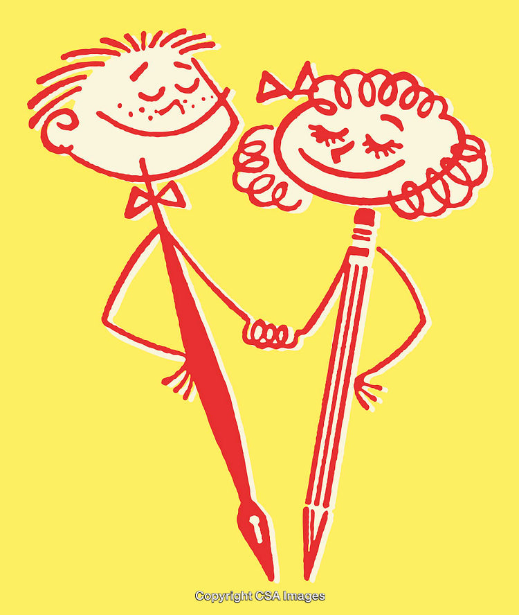 Whimsical Drawing Depicting Friendship of Two Holding Hands with Smiling Faces