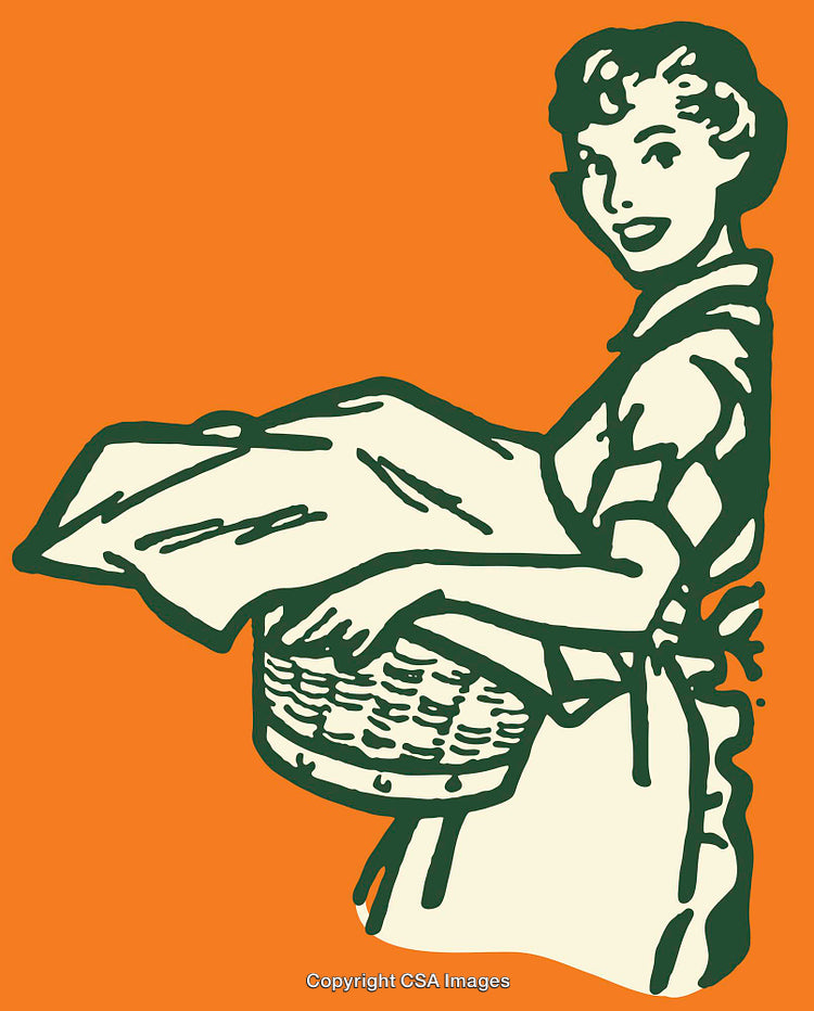 Retro Line Art Woman with Basket on Vibrant Orange Background
