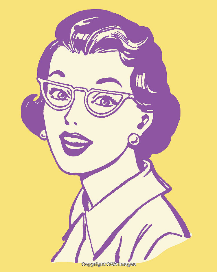 Vintage Style Line Art Illustration of a Smiling Woman Wearing Glasses