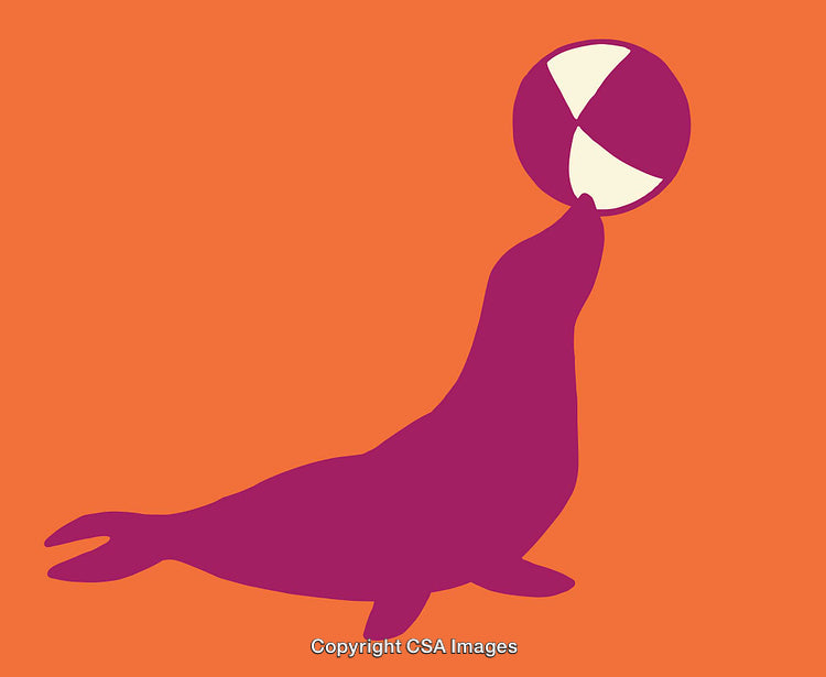 Colorful Silhouette of Seal Balancing a Ball on Vibrant Orange Background