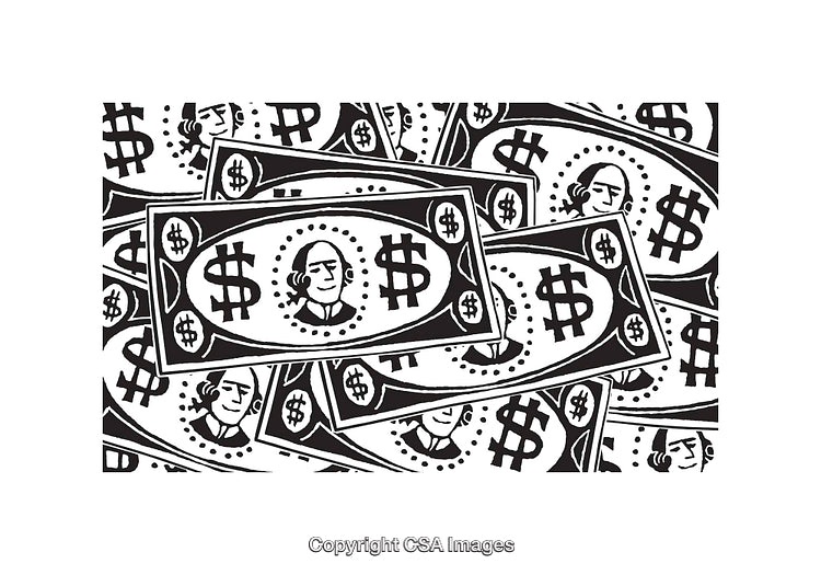 Black and White Money Illustration With Dollar Signs and Portraits