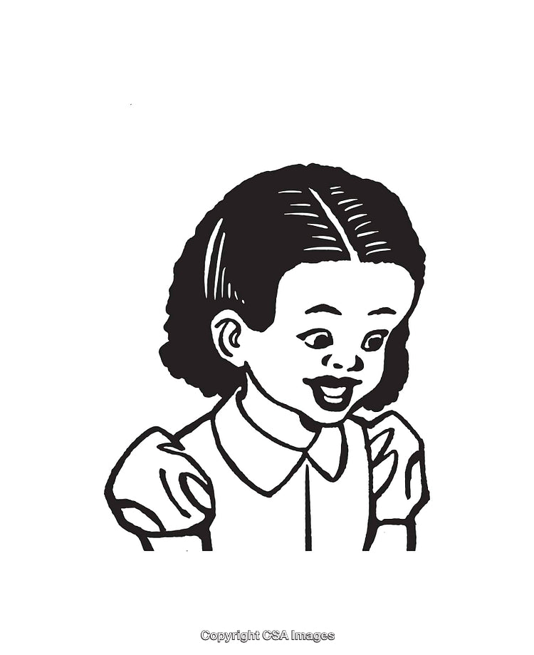 Black and White Illustration of Smiling Young Girl with Wavy Hair