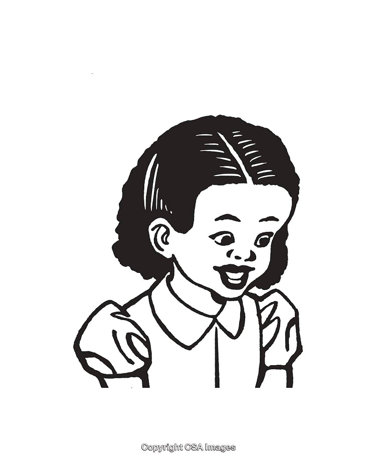 Black and White Illustration of Smiling Young Girl with Wavy Hair