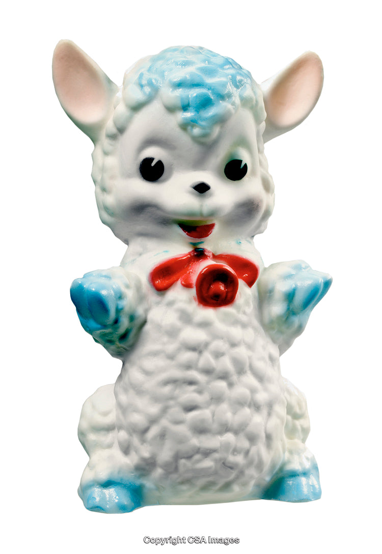 Colorful Plastic Sheep Figurine with Red Bow and Blue Details