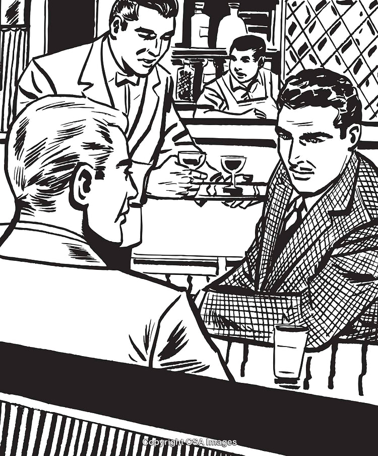 Vintage Illustration of Men Socializing in a Restaurant Setting