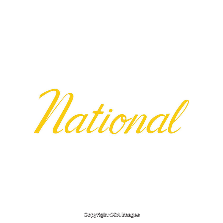 Yellow Script Text Depicting the Word National on White Background