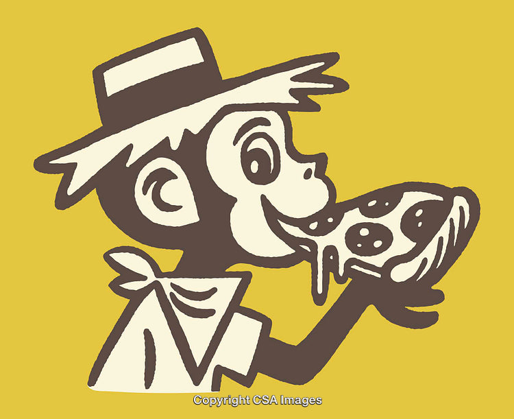 Cartoon Monkey Eating a Cheesy Slice of Pizza on Yellow Background