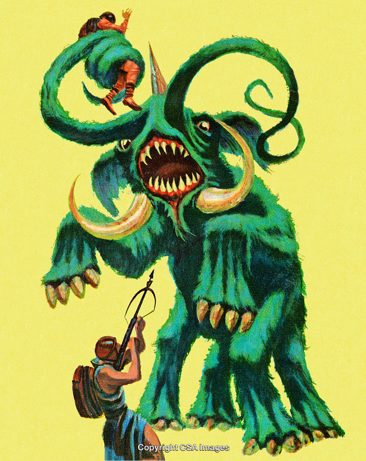 Fantasy Scene of Warriors Battling a Giant Furry Green Monster