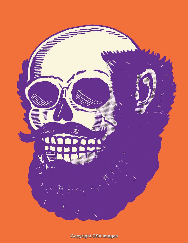 Colorful Vintage Skull Illustration with Beard and Glasses on Orange Background