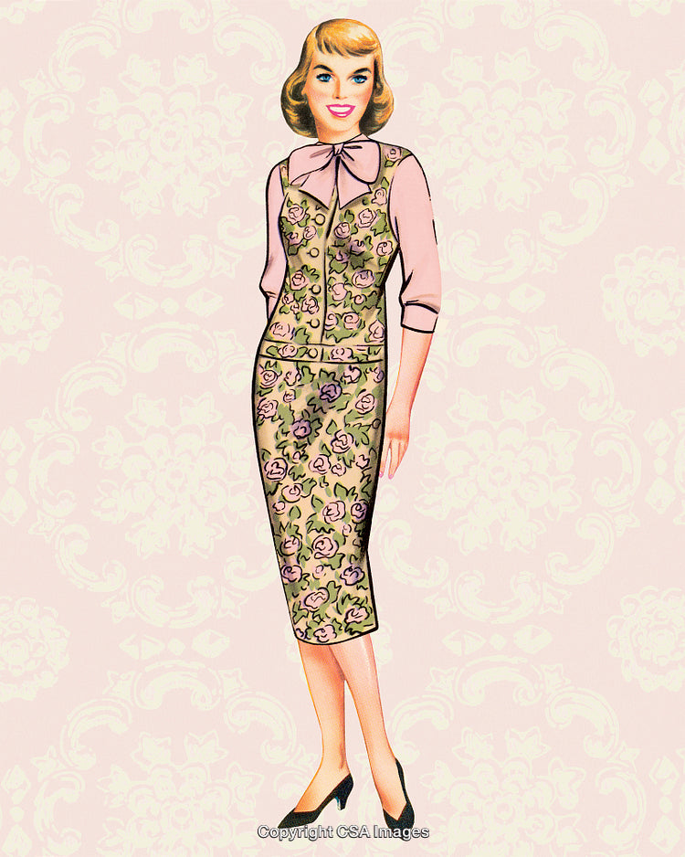 Retro Style Illustration of a Woman in a Floral Dress and Pink Bowtie