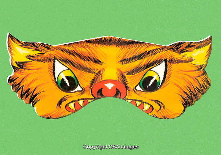 Vintage Tiger-Themed Paper Mask With Bold Colors on Green Background