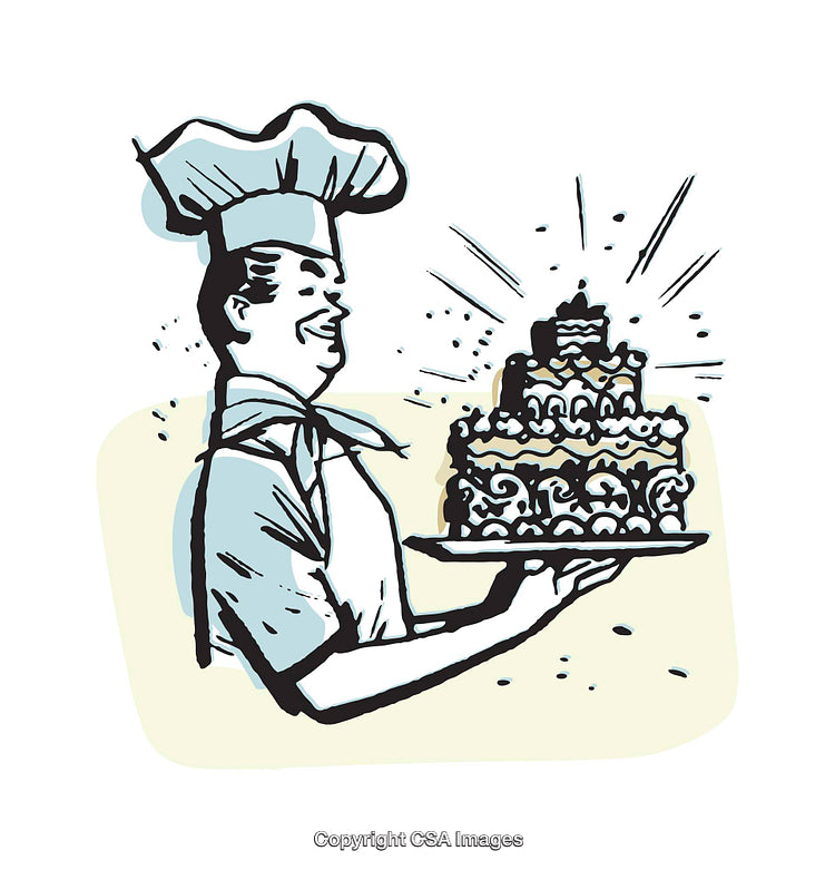 Retro Style Illustration of Chef Presenting a Decorative Tiered Cake