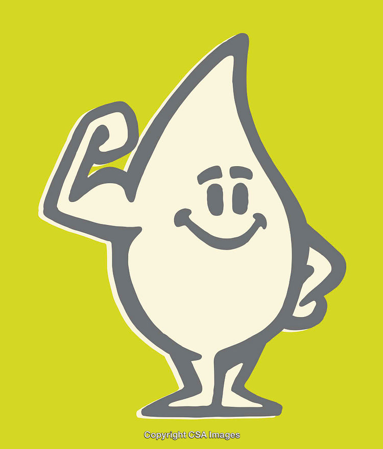 Strong and Happy Cartoon Character with Abstract Water Drop Shape