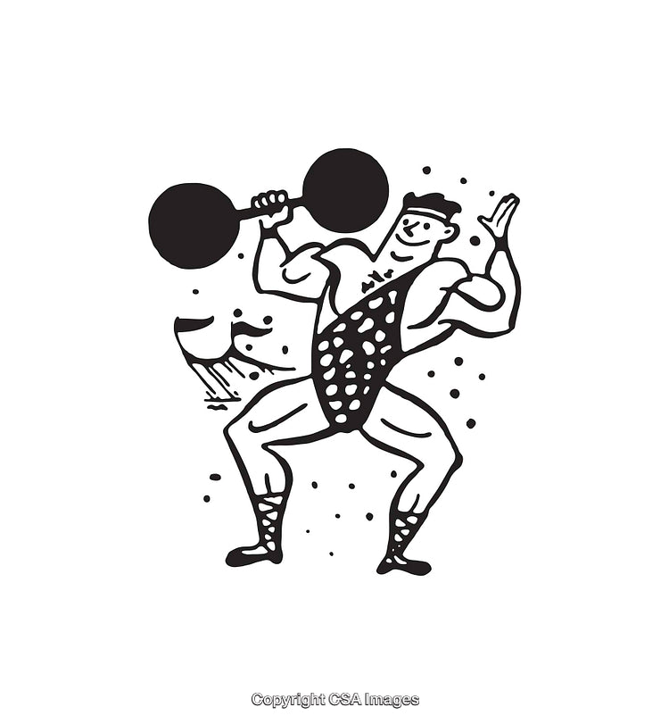 Black and White Line Art of a Retro Strongman Lifting Weights