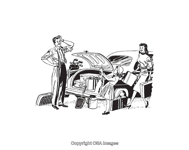 Vintage Line Art of a Family Packing Luggage Into a Trunk