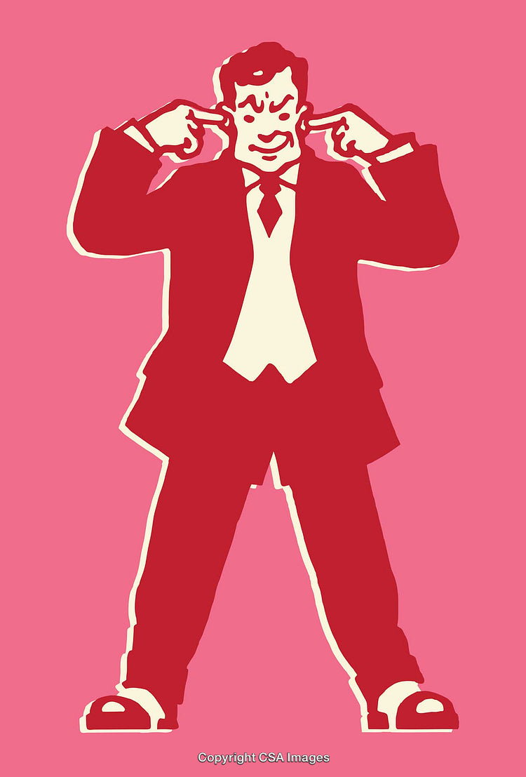 Retro Styled Businessman Blocking Ears in Expressive Cartoon Line Art