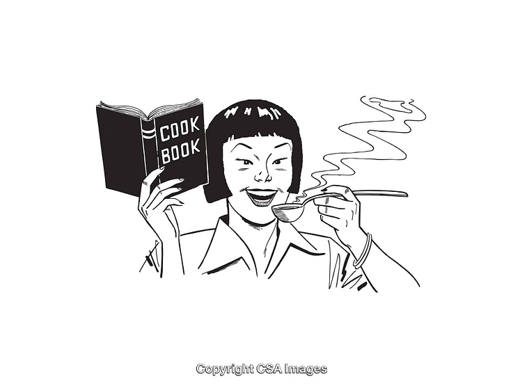 Black and White Line Art of Woman Reading Cookbook and Tasting Dish