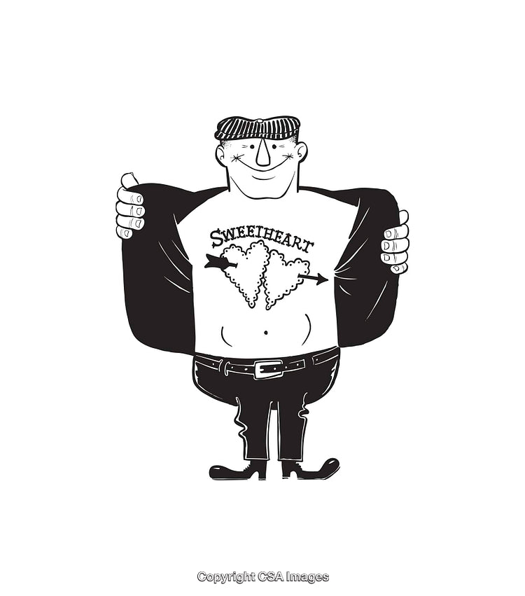 Illustration of a Man Showing Tattoo with Heart Symbol and Sweetheart Text