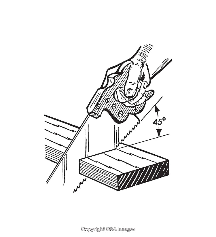Line Art Illustration of Hand Sawing Wood at a Precise 45 Degree Angle