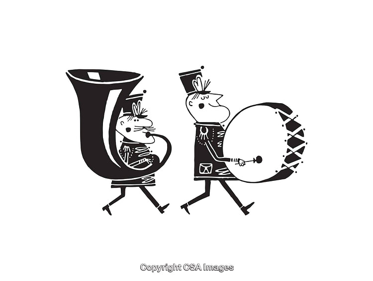 Playful Musical Parade Featuring Drummer and Tuba Player in Black and White Art