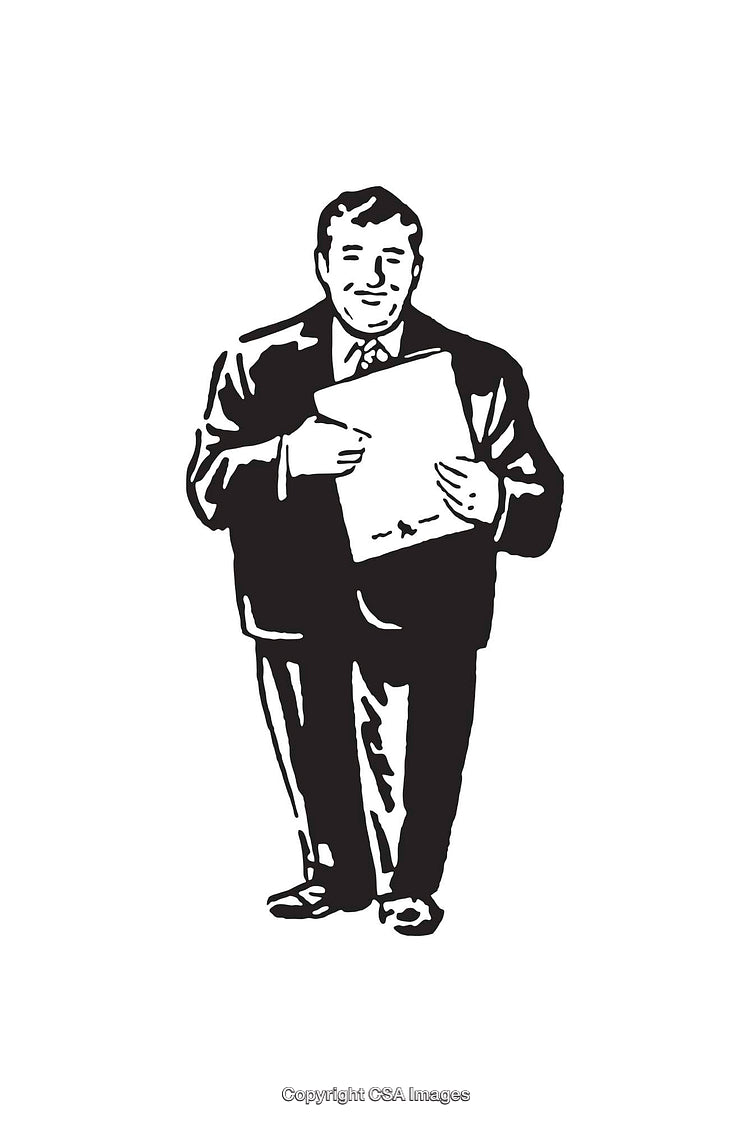 Business Professional Holding Documents in Black and White Line Art