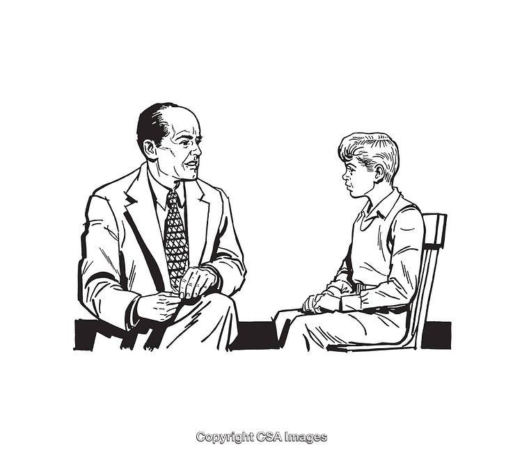 Black and White Illustration of a Conversation Between a Man and a Boy