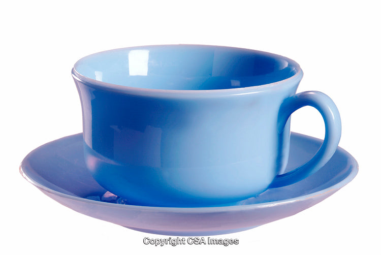 Blue Plastic Tea Cup and Saucer Isolated on White Background