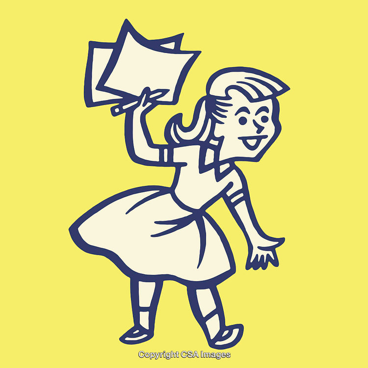 Retro Style Girl Illustration Holding Papers on Yellow Background