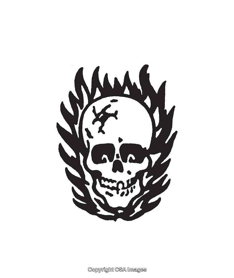 Black and White Illustration of a Skull with Flames Design