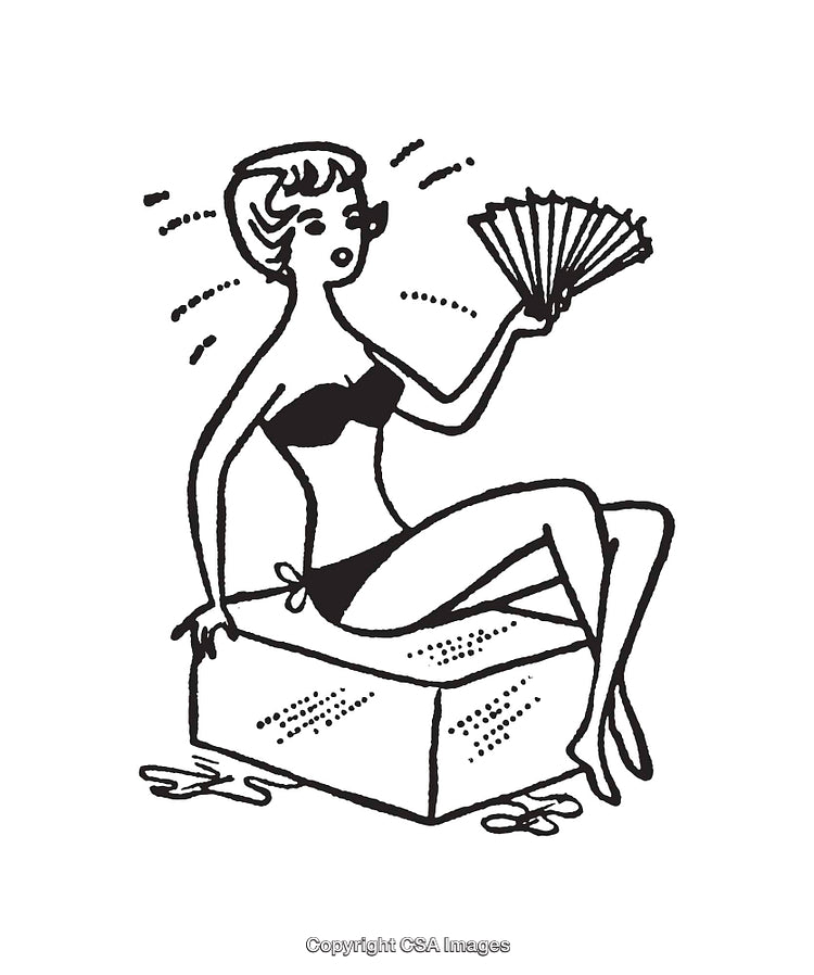 Retro Woman in Swimwear Fanning Herself in Black and White Illustration