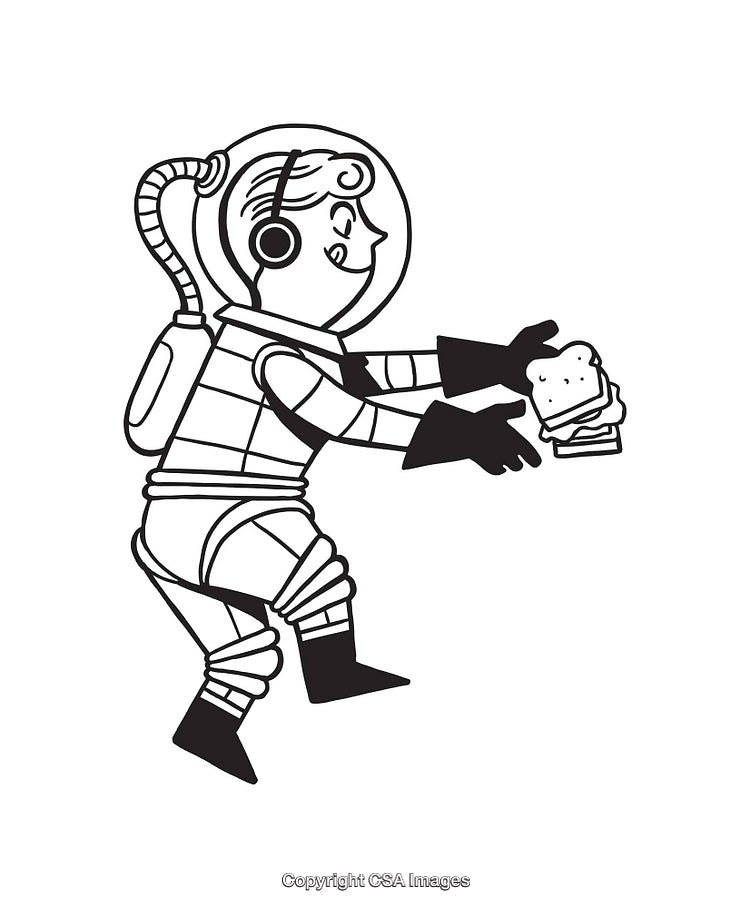 Retro Astronaut Holding Sandwich in Space in Black and White Line Art