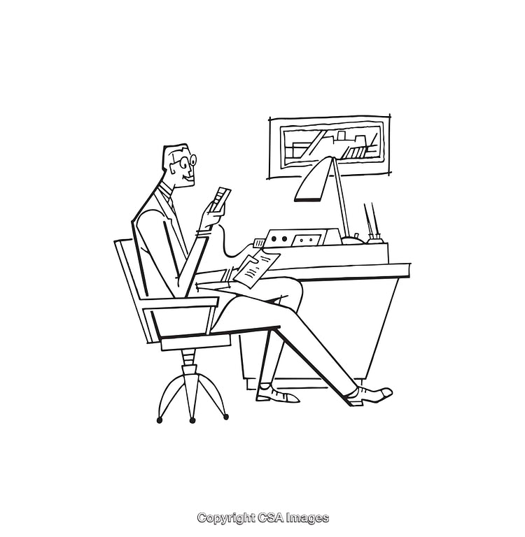 Black and White Line Art of Professional Reading at Office Desk