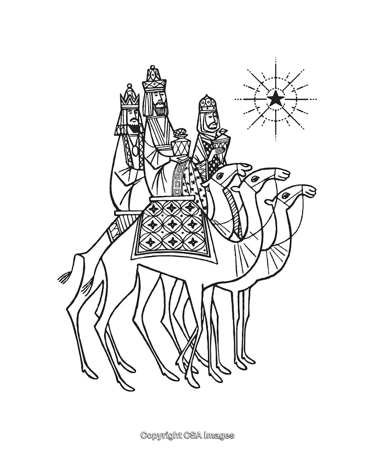 Illustration of Three Wise Men on Camels Following the Star