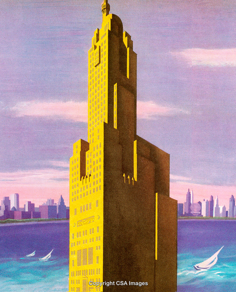 Golden Skyscraper Against a Vibrant City Skyline and Tranquil Waterfront Scene