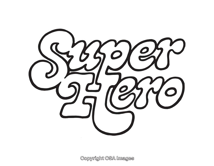 Black and White Line Art Illustration of Bold 'Super Hero' Text