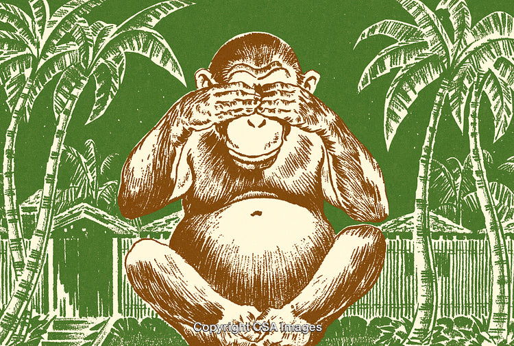 Illustration of Monkey Covering Eyes in Tropical Jungle with Palm Trees