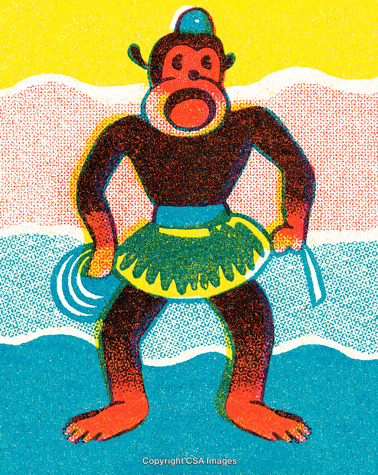 Colorful Illustration of a Monkey in a Hawaiian Attire Performing Dance