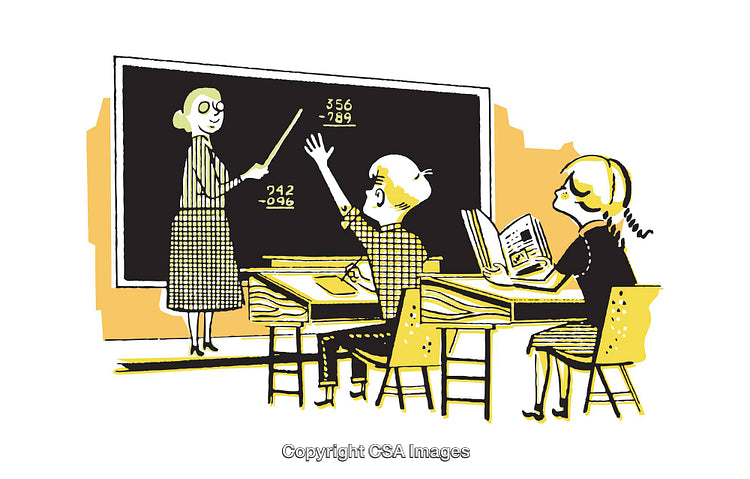 Illustrated Classroom Scene with Teacher and Students Learning Together