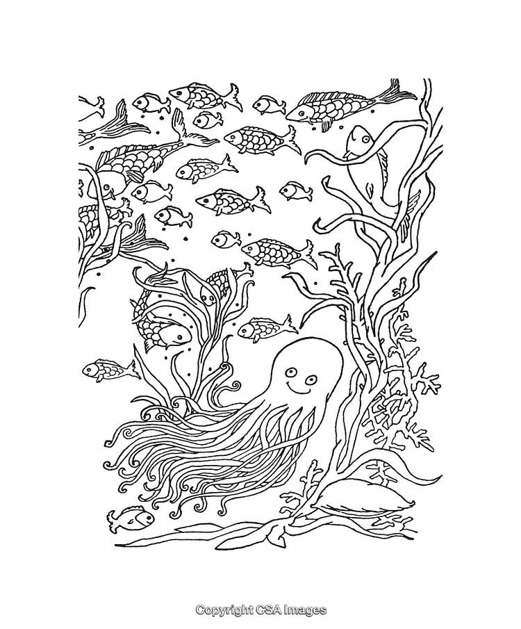 Underwater Scene Line Art Illustration with Cartoon Octopus and Marine Life