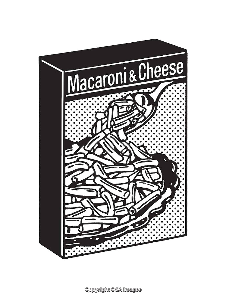 Black and White Retro Line Art Illustration of Macaroni and Cheese Box